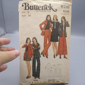 Vintage Sewing PATTERN Butterick 6799, Misses 1971 Jacket Skirt and Pants